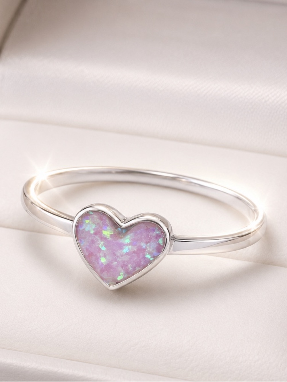 Pink Opal Heart Ring – Dainty Sterling Silver Heart Band for Women